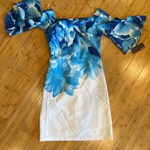 Donna Ricco Blue Floral Off-Shoulder Dress